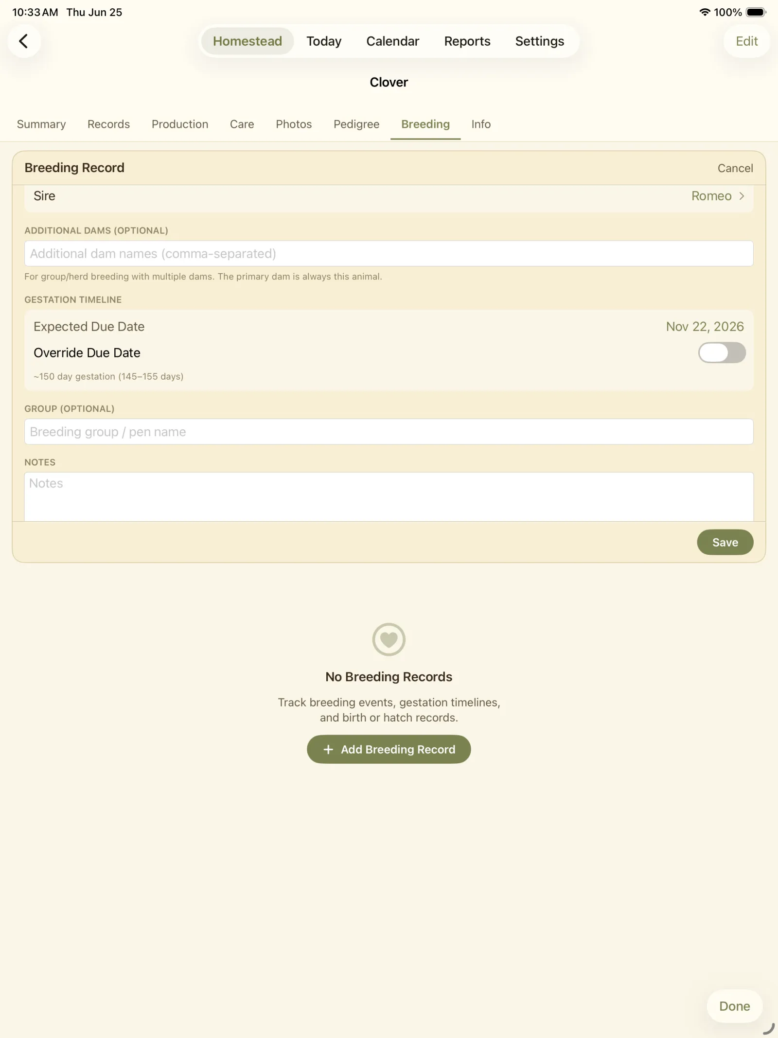 Breeding record form with service date, expected due date, and notes fields.